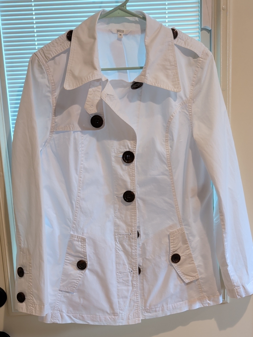 Mark's & Spencer Woman White Button-Front Trench Coat with Dark Buttons Size 14